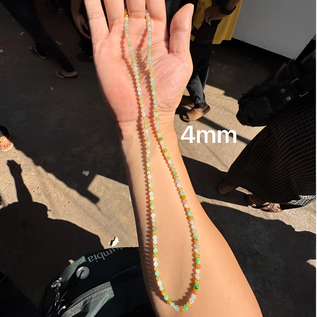 0125(小哪吒在源头)冰种翡翠多彩珠链卡4mm长度60CM