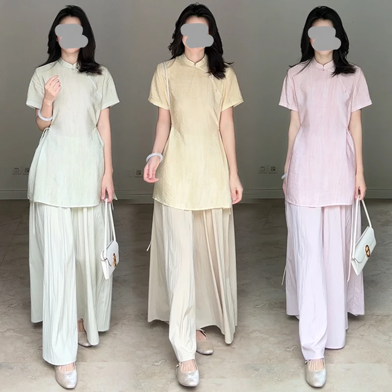 新中式国风套装夏季新款高级感浅绿色短袖上衣阔腿裤气质两件套女