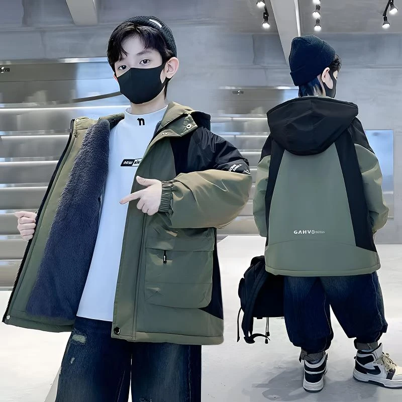 男童外套2024春季新款炸街大口袋风衣儿童加绒厚派克服中长款