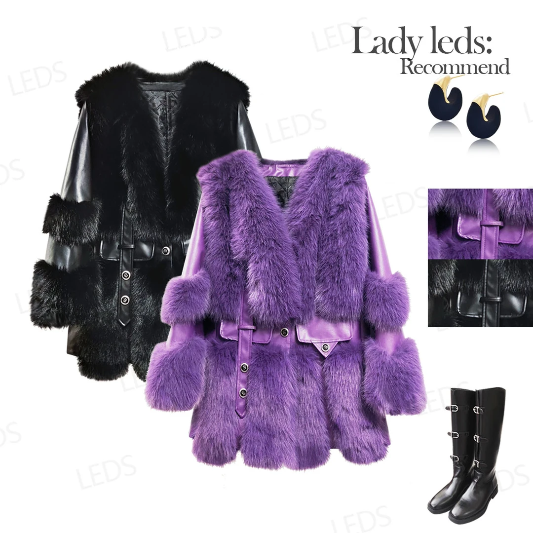 LEDS 9003（9903）冬季新款气质百搭简约拼接两色毛毛外套