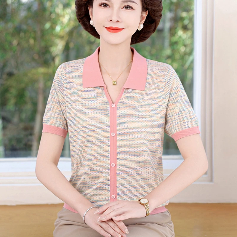 2025妈妈装夏季新款冰丝短袖T恤中老年女洋气polo领针织衫小衫