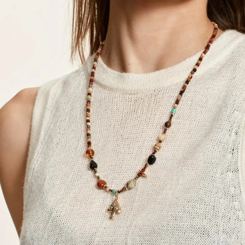 黄铜大理石项链 日出蘑菇波西米亚狂想曲春夏彩色串珠蘑菇项链