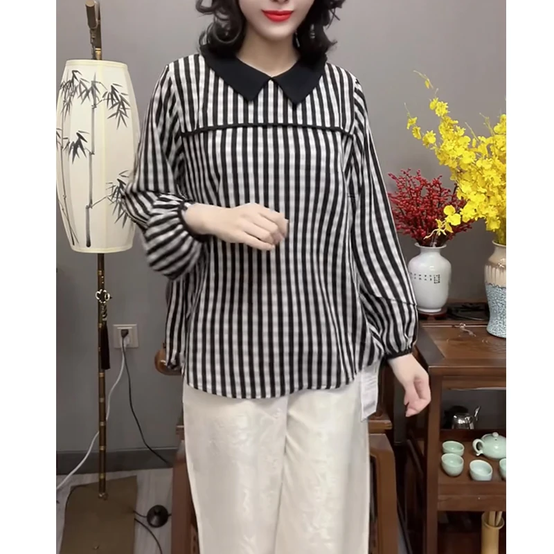 时尚减龄衬衫女2025春季新款撞色条纹泡泡袖宽松显瘦小衫