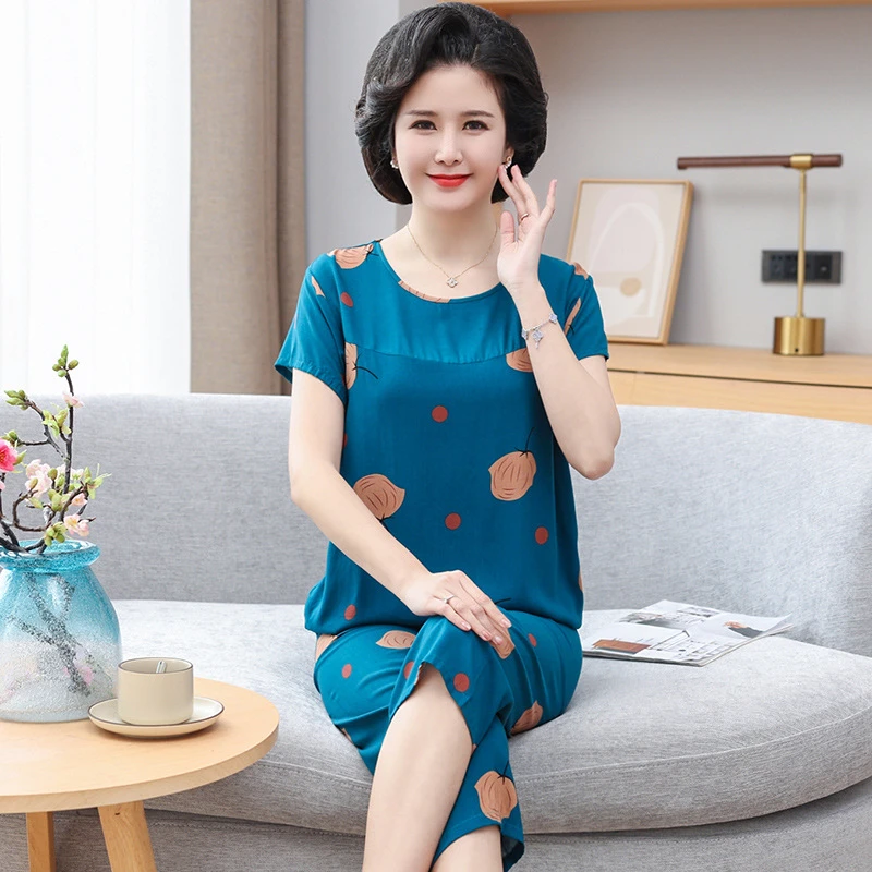 中老年棉绸套装女妈妈装夏季短袖两件套薄款休闲老太太家居服外穿