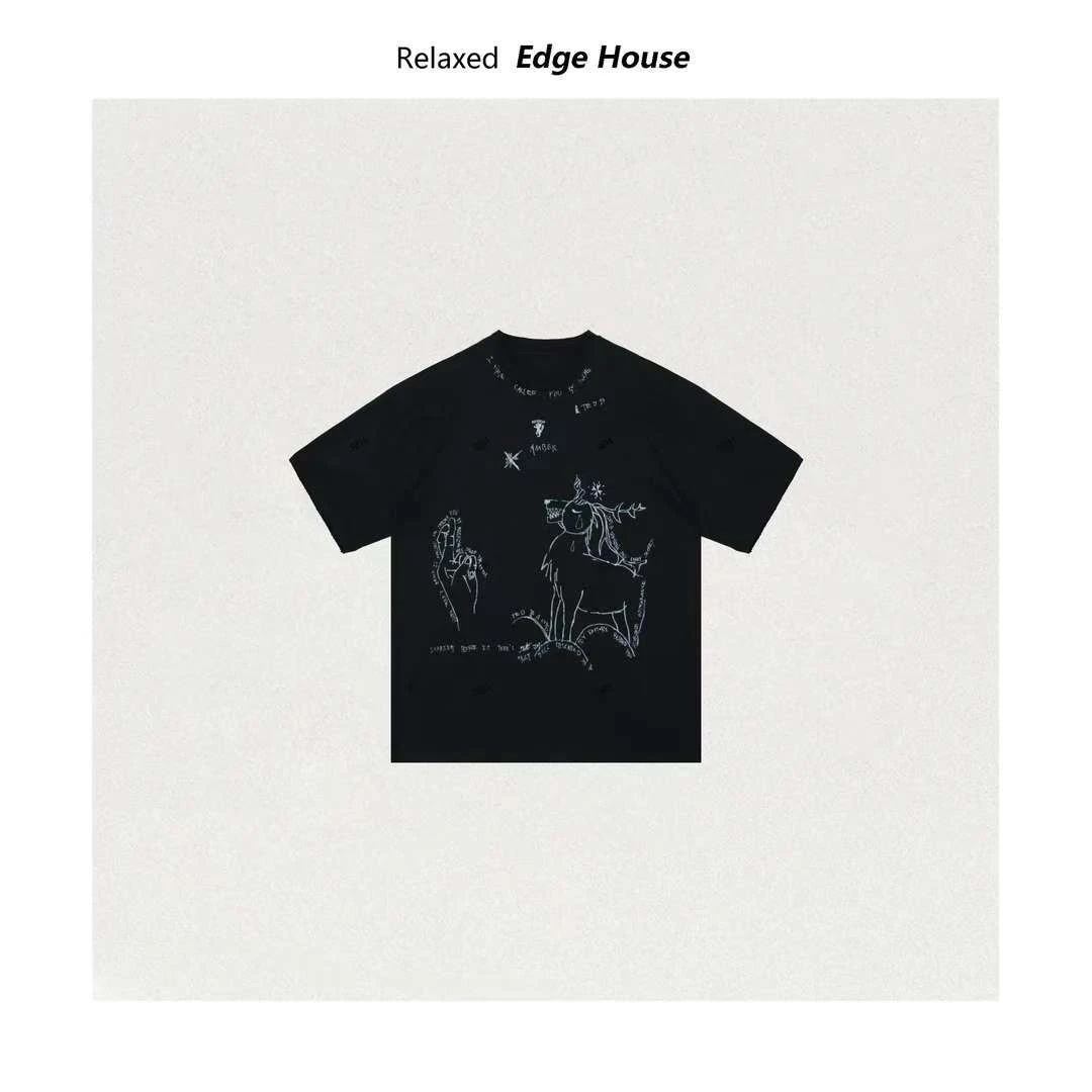 【嘻嘻家】可爱小怪兽 涂鸦双面印花纯棉圆领宽松休闲情侣T恤衫