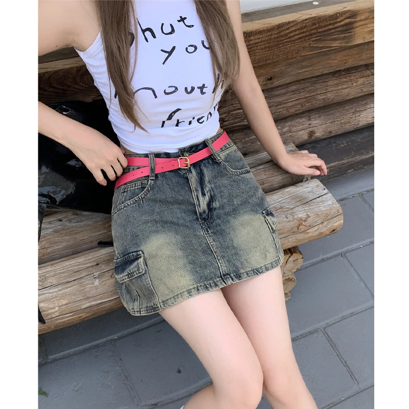 复古蓝美式半身裙夏季新款辣妹高腰显瘦工装牛仔短裙女大码百搭DR