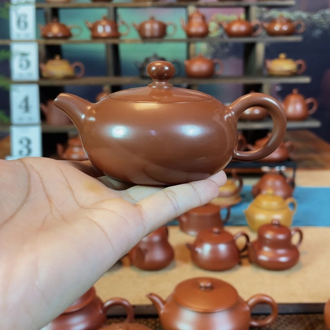 茶壶紫砂惠*乖潮州手工手拉朱泥水磨柿柿如意壶