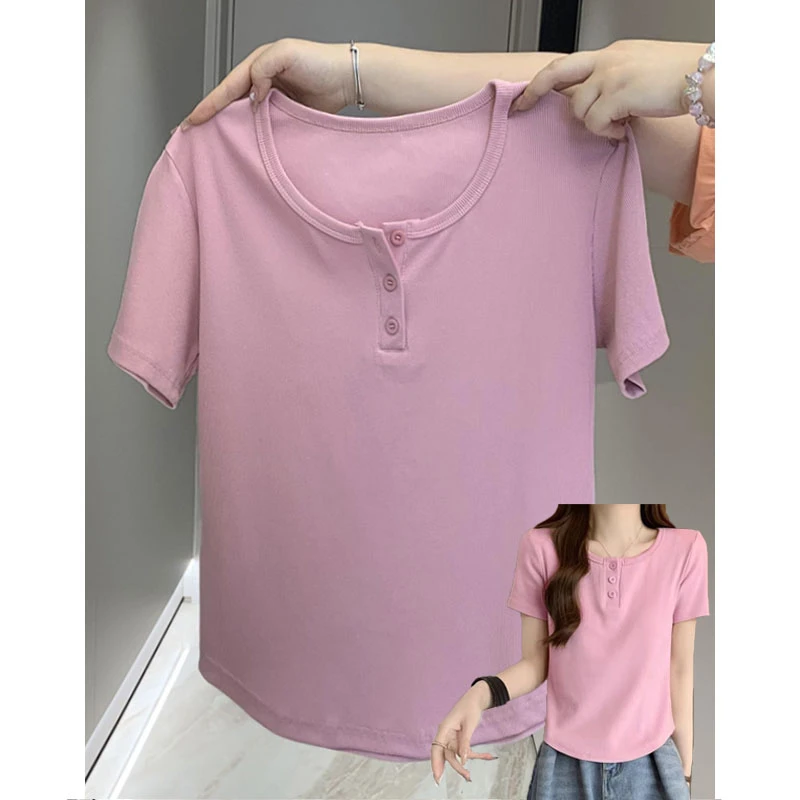 大码胖mm200斤简约气质排扣显瘦正肩短袖t恤女夏弧形下摆遮肚上衣