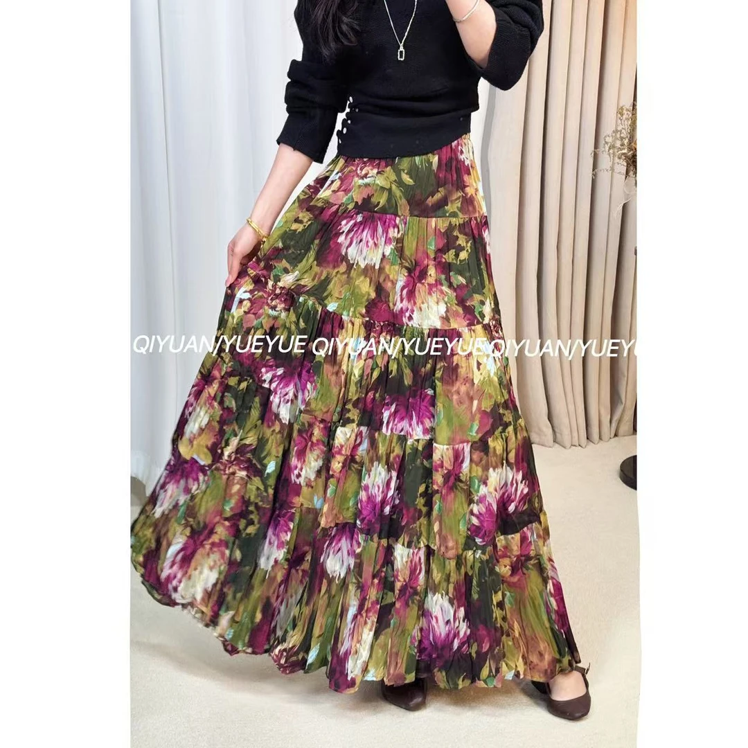 【春】2025春季新款大裙摆有口袋碎花半身裙复古高腰显瘦长裙