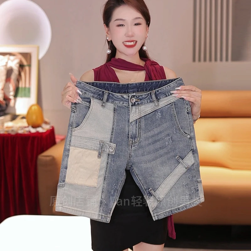 2025夏季五分男士牛仔裤时尚拼接微破洞机车风弹力舒适中短裤男款