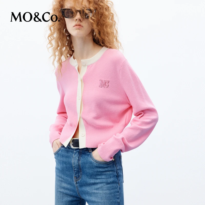 MOCO秋季MC毛巾绣撞边短款圈圈纱肌理针织衫开衫MBC3CARK04