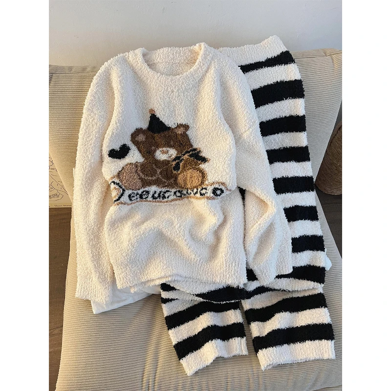 可爱小熊保暖针织半边绒睡衣女冬天可出门加厚条纹长裤家居服套装