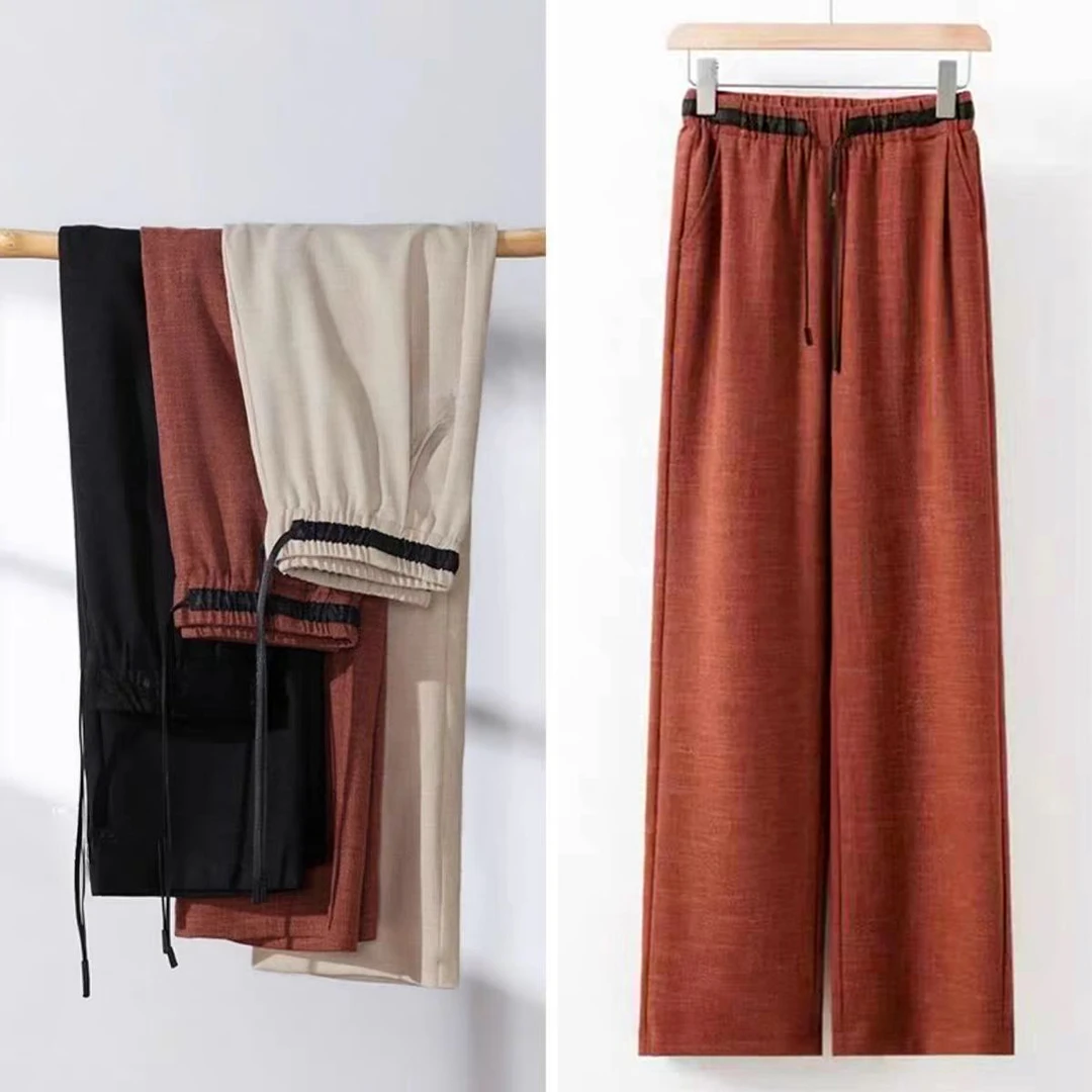 【卅】天丝亚麻休闲阔腿裤百搭时尚新款垂感直筒裤松紧腰女裤女士