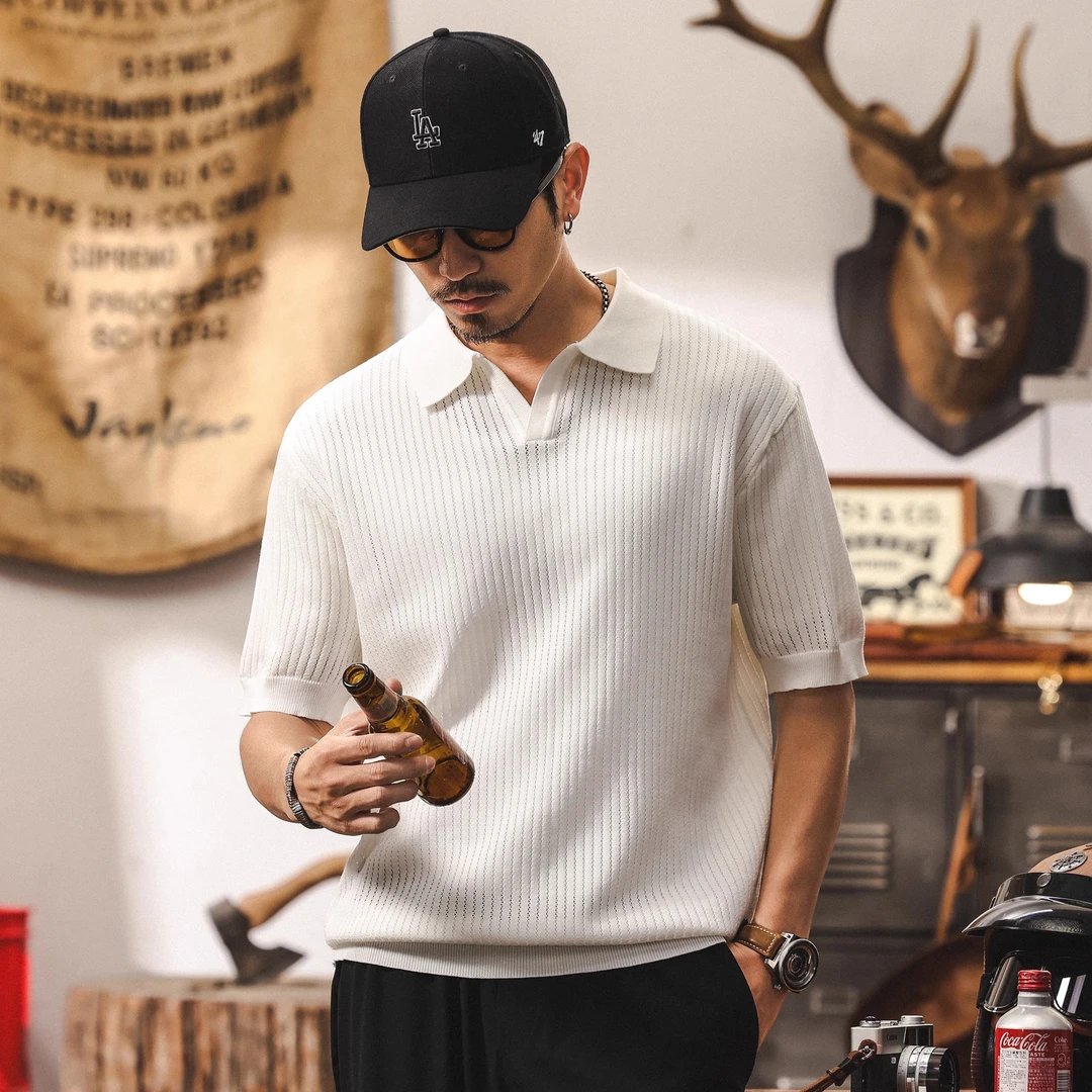 冰丝凉感海鸥领男士POLO衫夏季短袖毛衣男轻熟风通勤宽松美式t恤