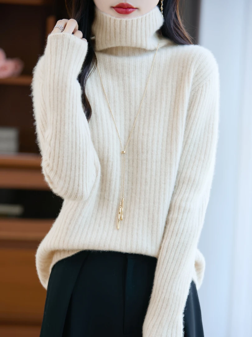 一线成衣~100%羊毛衫七针加厚高领竖坑条女针织打底衫