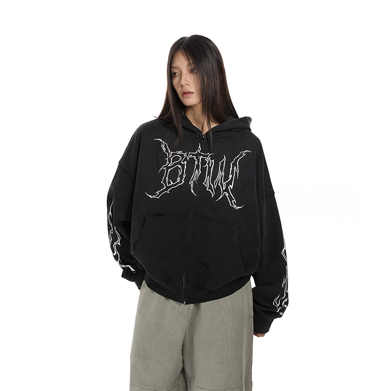 BTW重磅连帽卫衣秋季短款宽松潮流套头帽衫休闲上衣