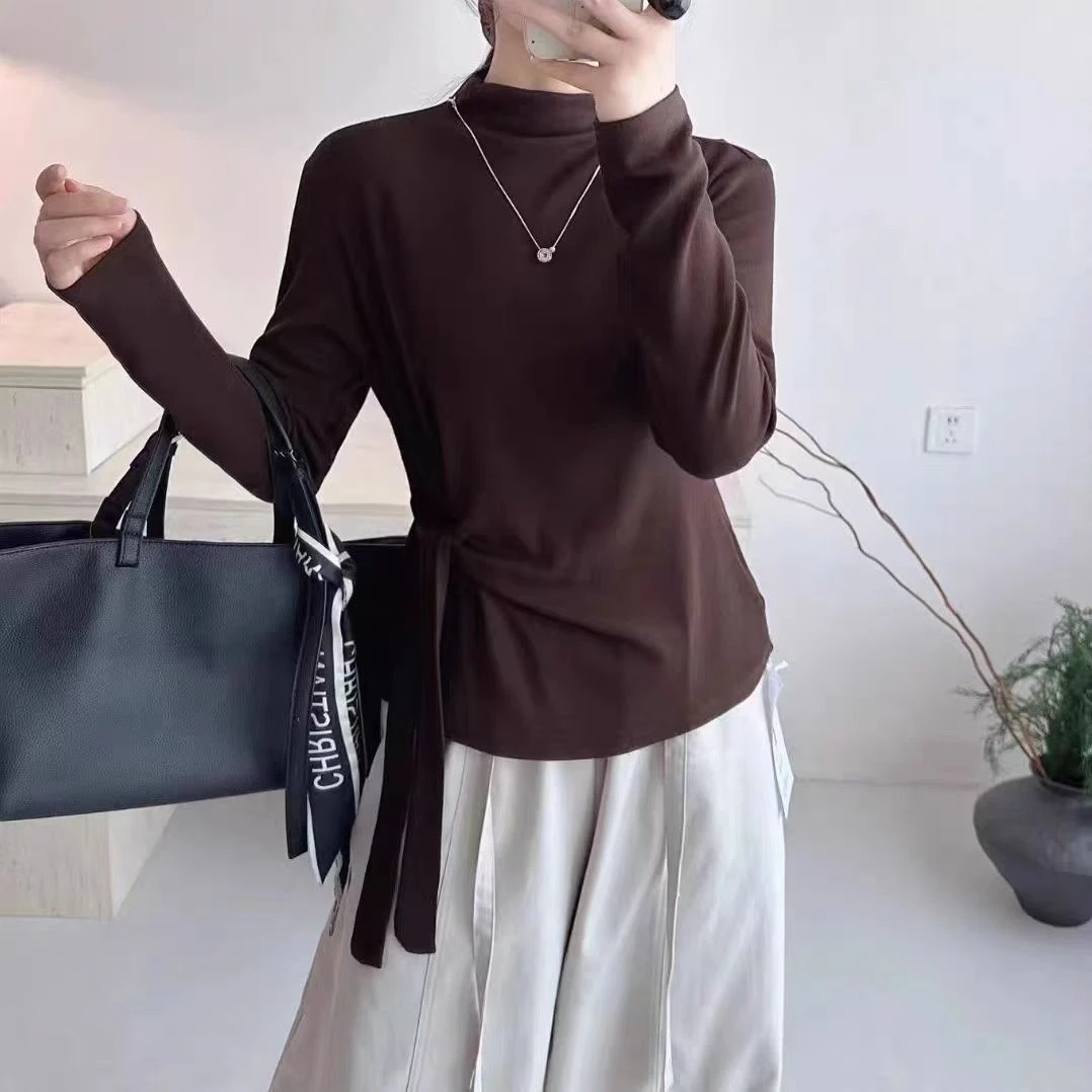 3175#洋气半高领显瘦长袖t恤内搭打底衫秋冬绑带收腰上衣（约57）