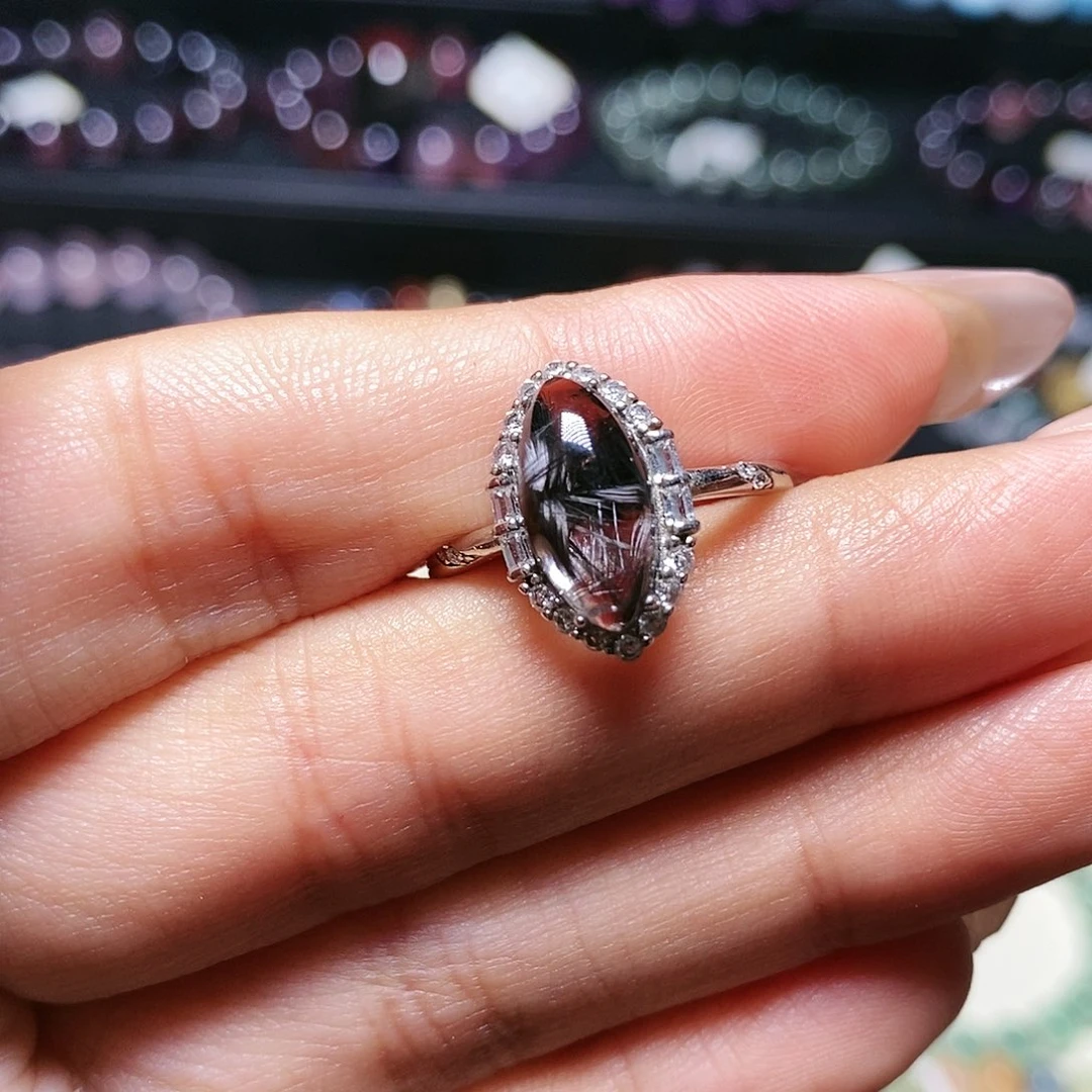 银S925镶嵌戒指水晶黑银钛