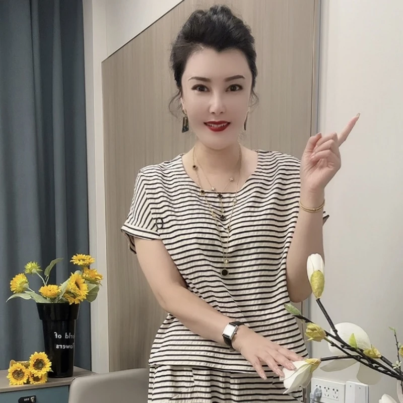 1258【套装】大码显瘦夏季短袖时尚休闲百搭夏季宽松条纹中长款