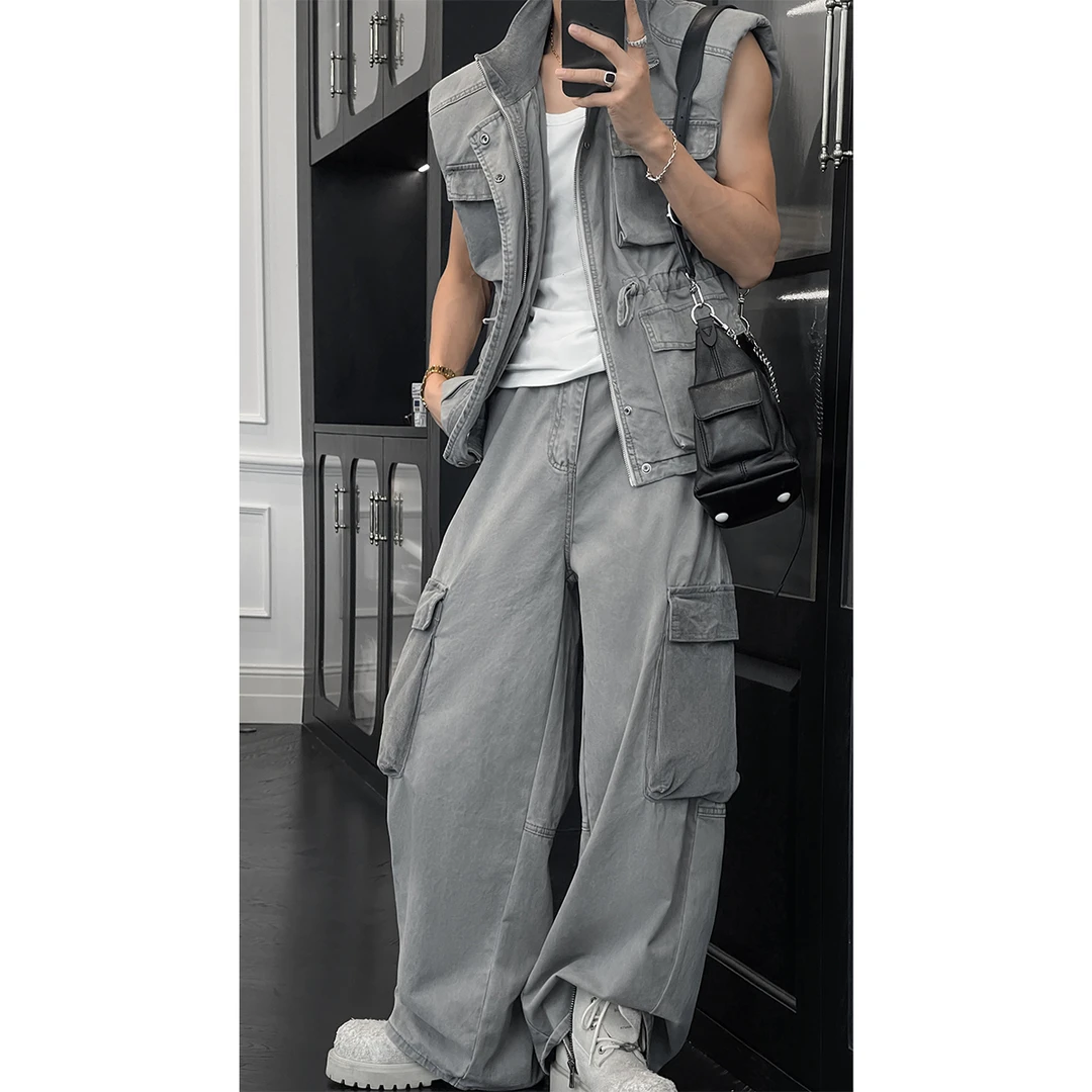 夏季新款潮流美式复古工装阔肩立领马甲宽松弯刀长裤套装