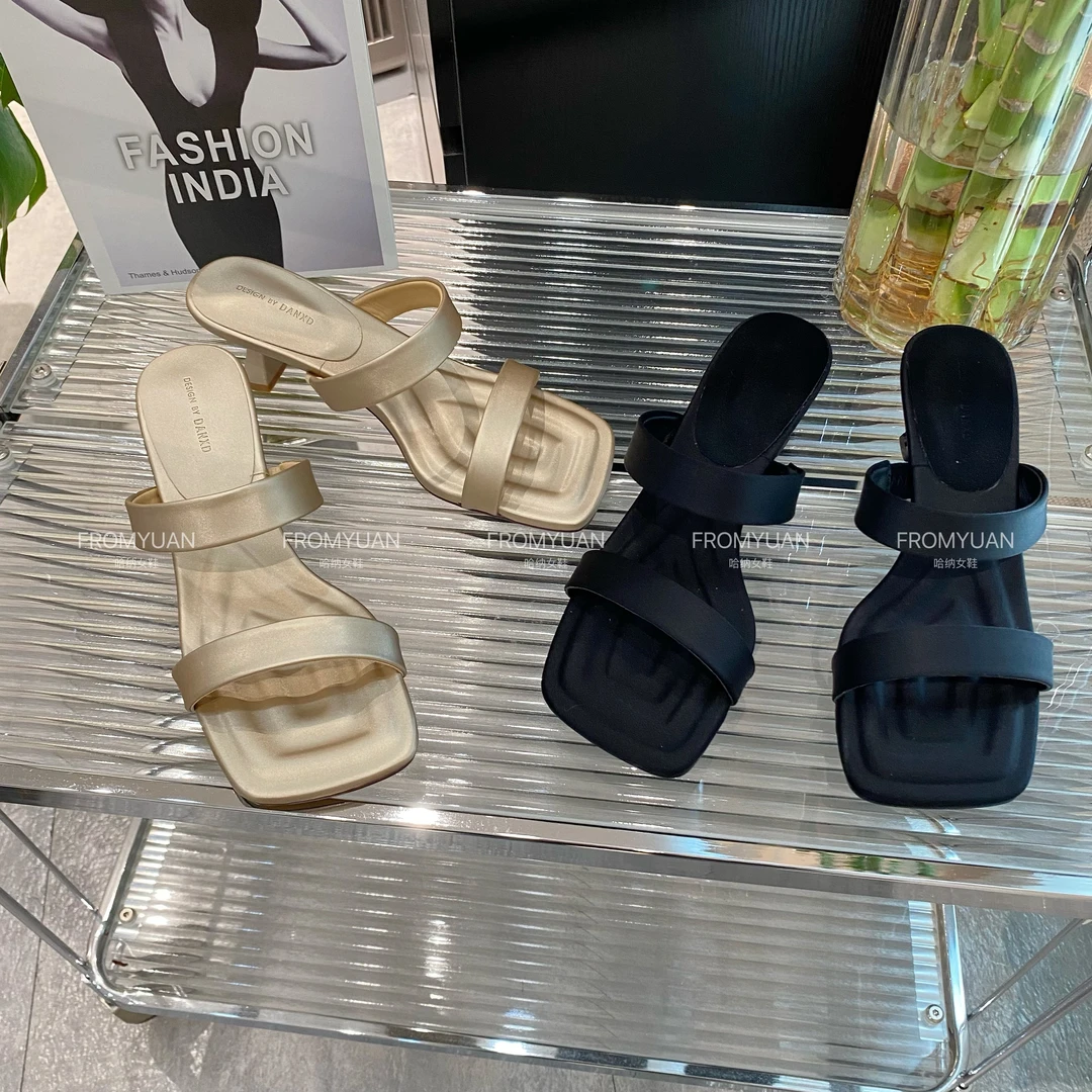 【4cm跟】T9-02夏季浅口单鞋露趾气质跟鞋方头鞋子凉鞋百搭一字带