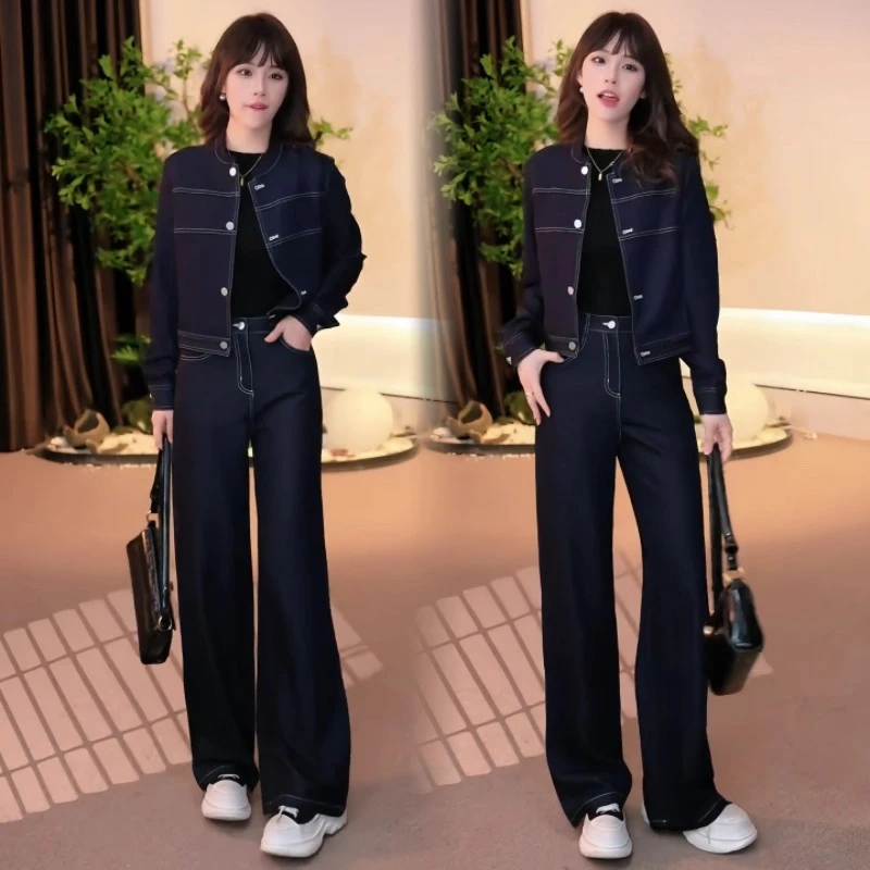 拉夏贝尔时尚休闲套装女士2025春秋新款洋气牛仔外套直筒裤两件套