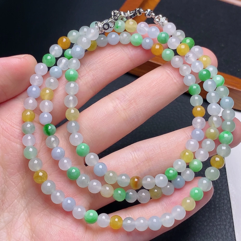 缅甸天然a货翡翠冰种多宝马卡龙圆珠项链卡5mm彩色长链多色