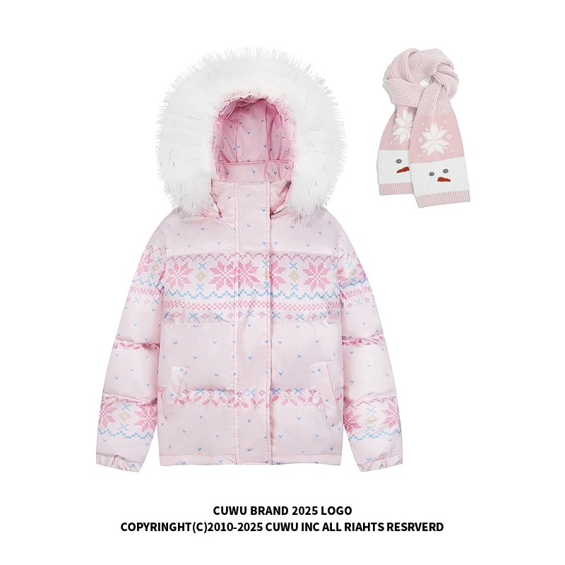 cuwu费尔岛雪花围巾大毛领连帽棉服女冬季宽松加厚保暖棉衣外套