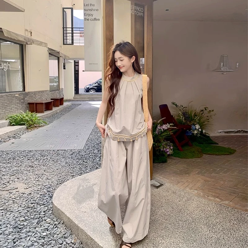 波西米亚风气质套装女夏季2025年新款时尚休闲风背心阔腿裤两件套
