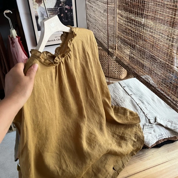 2025夏季新款纯苎麻木耳领前后两穿气质百搭文艺复古减龄上衣女