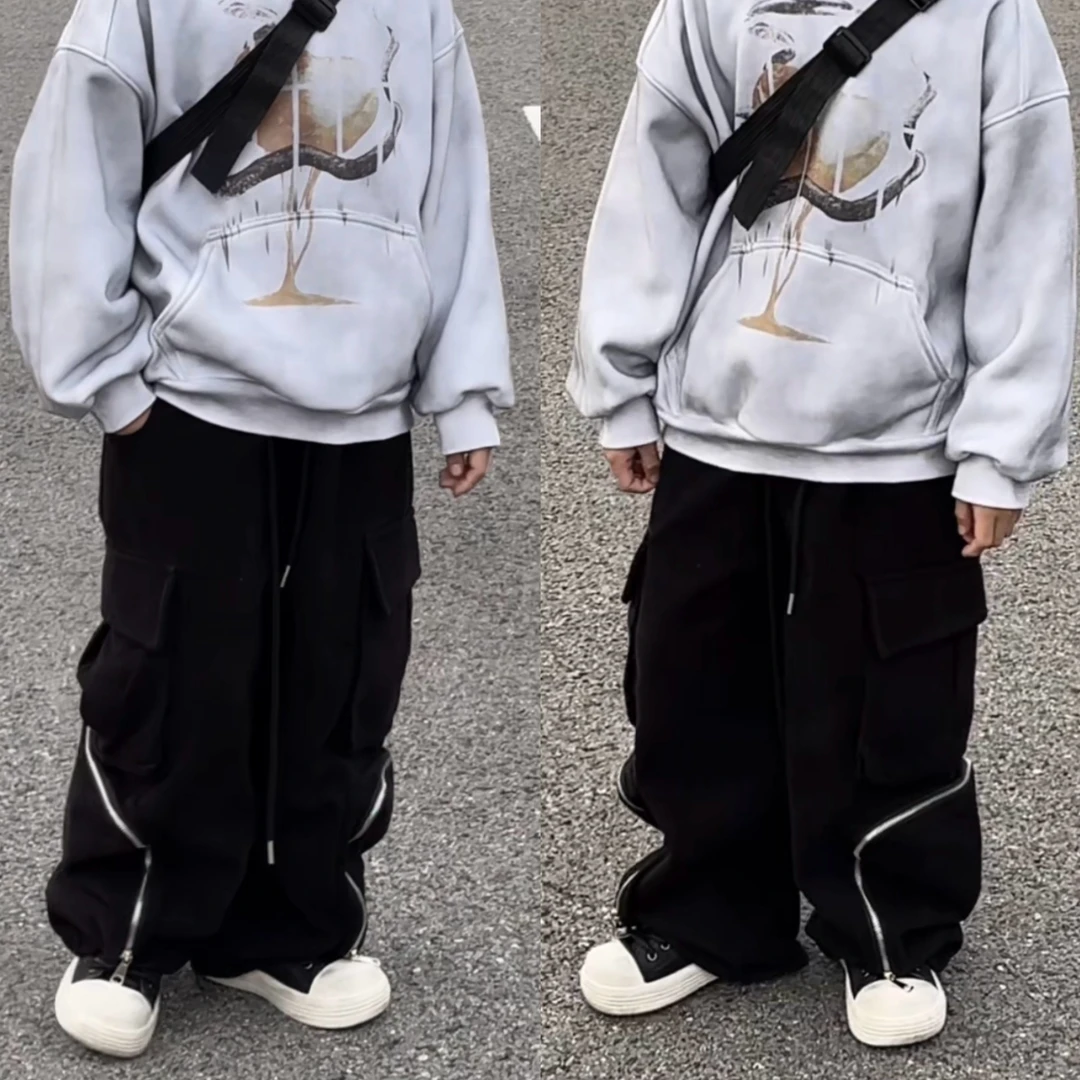 乐乐家儿童新款冬款黑色小众设计感工装裤潮流美式街头宽松休闲裤