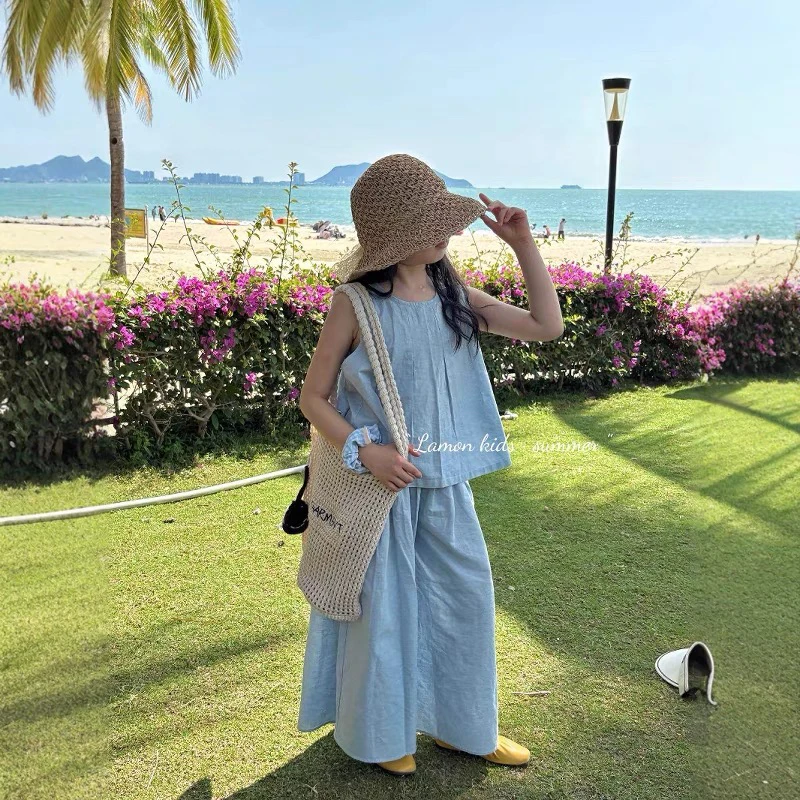 女童衬衫2025夏季新款儿童无袖背心上衣女宝宝休闲阔腿裤洋气童装