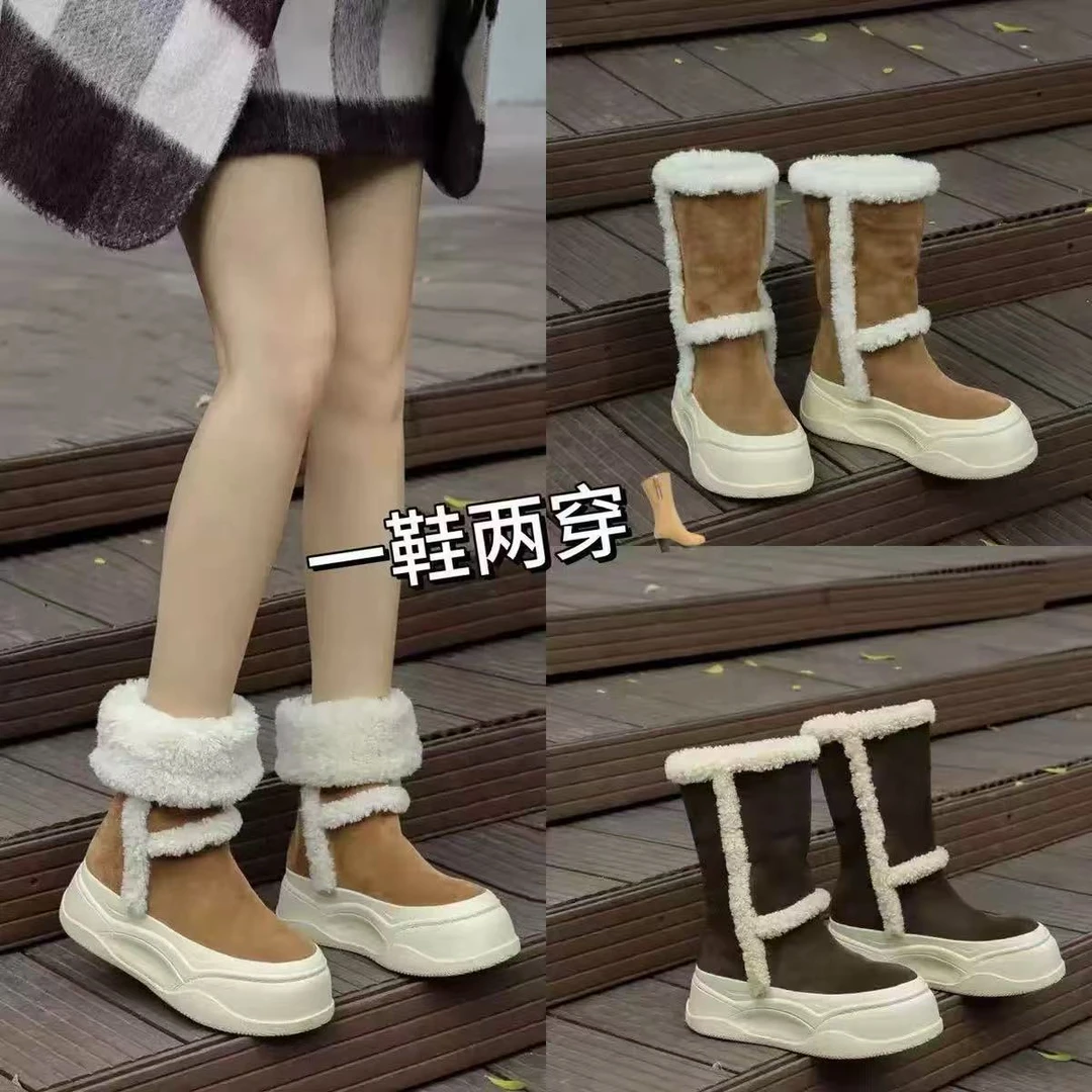 2025冬季新款复古牛翻皮圆头保暖毛毛鞋厚底棉靴套脚加绒短靴女