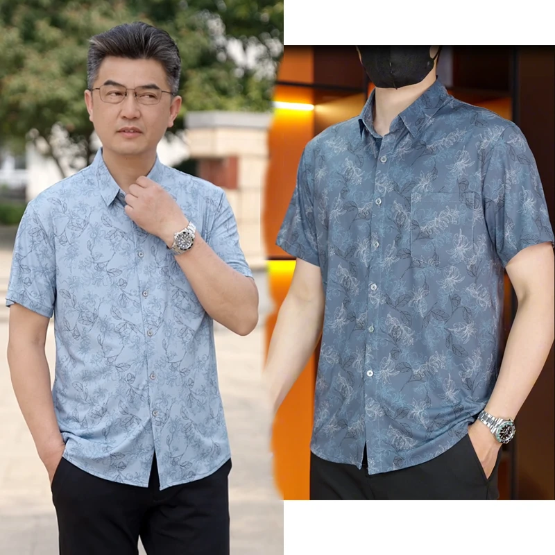 爸爸夏装冰丝花衬衫中老年人男士夏天时尚短袖爷爷装爸爸夏季短袖