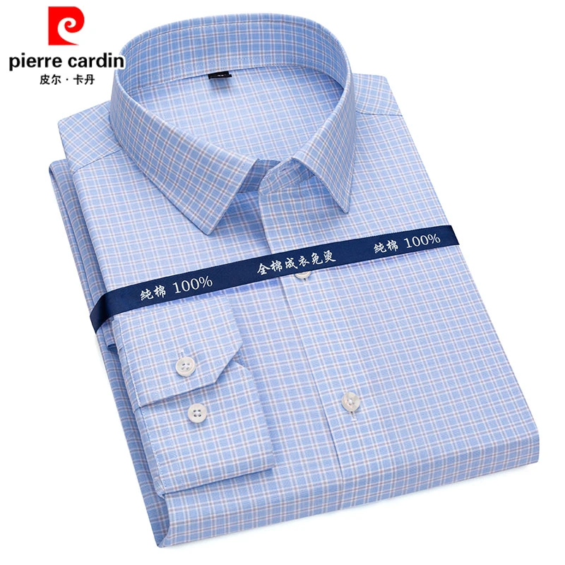 皮尔卡丹春季长袖男士格子纯棉衬衫免烫抗皱商务高档休闲免烫衬衣