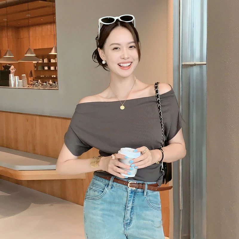 美洋MEIYANG【现货】大美人T恤 气质一字肩收腰弹力修身短袖上衣