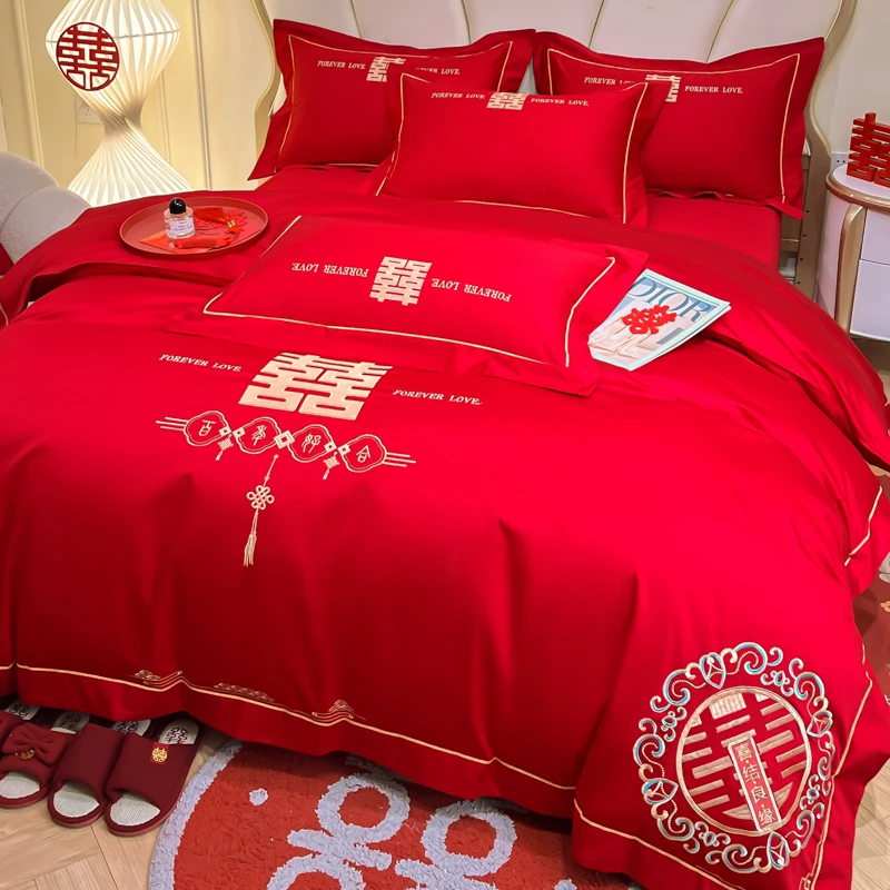 中式红色婚庆四件套全棉结婚纯棉婚嫁被套婚房喜庆床上四件套