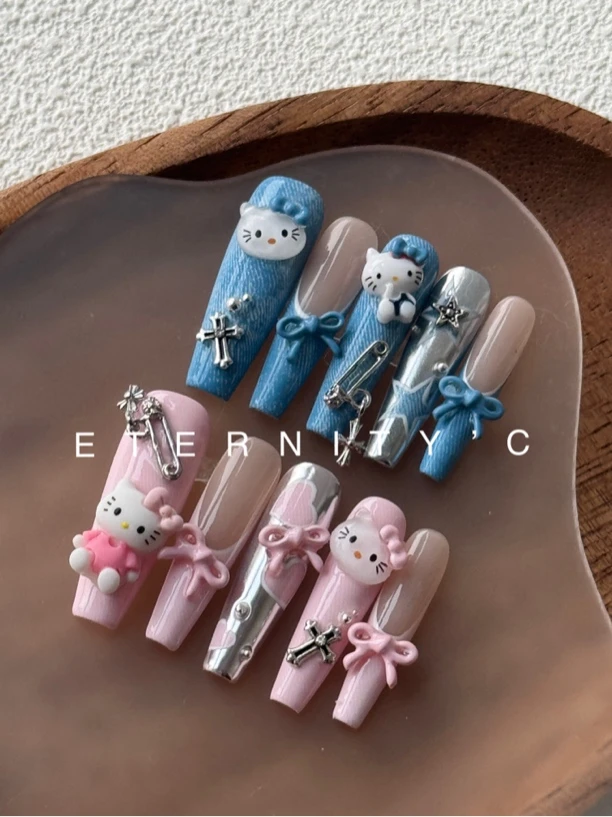 C+原创美甲穿戴甲｜牛仔Hello Kitty 重工蝴蝶结可爱鸳鸯色辣妹