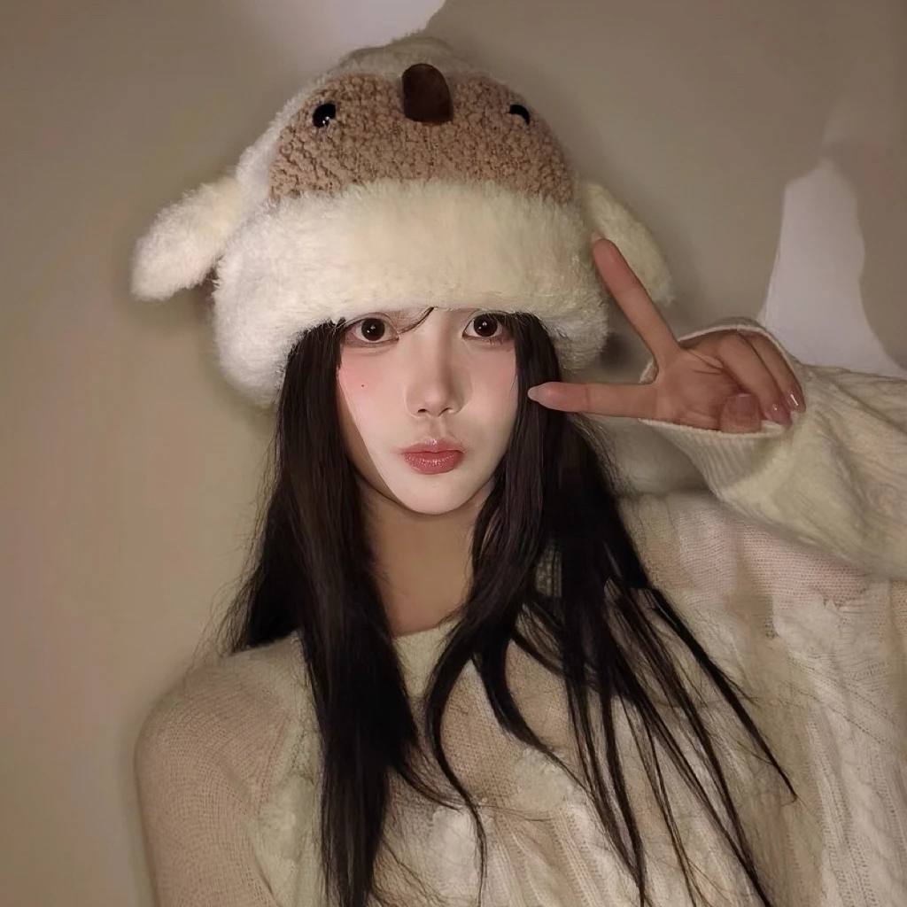 可爱小企鹅毛绒针织帽子女25秋冬季新款保暖显脸小护耳套头帽子厚