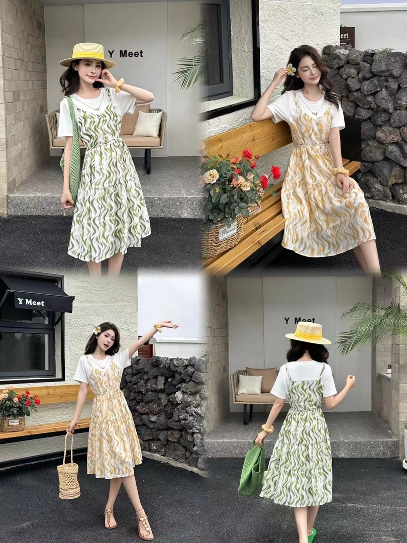 夏季新品时尚碎花假两件气质连衣裙-617399219【裙长100】9219