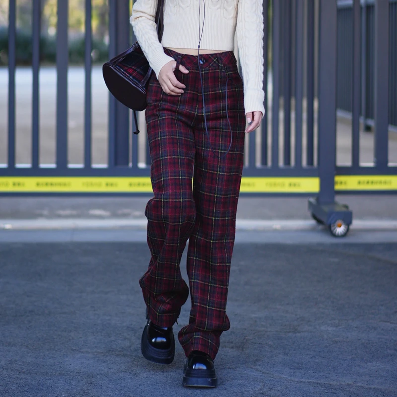 安可拉红加厚毛呢格子休闲裤女2025秋冬加绒新款今年流行阔腿裤子