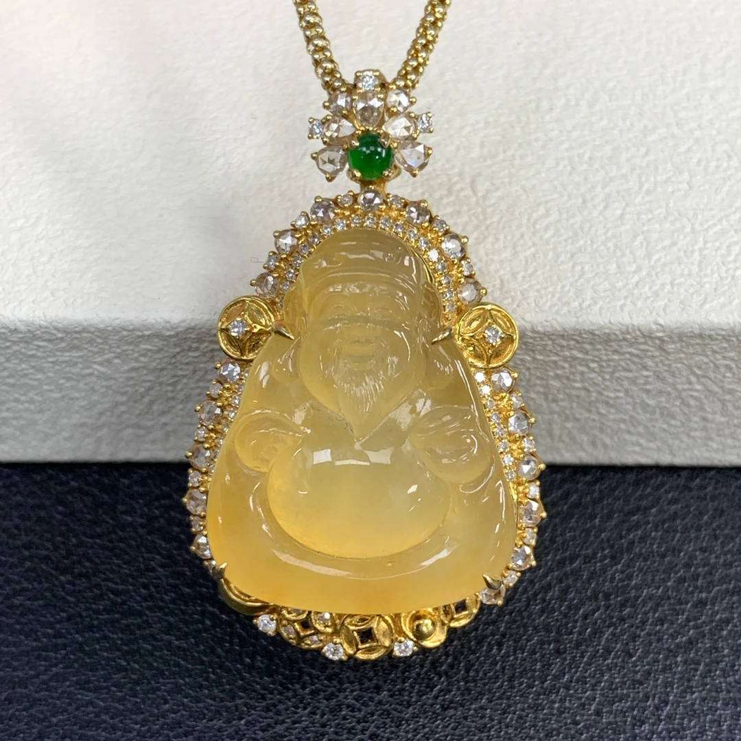 新品推荐·18k金冰种鸡油黄财神爷翡翠玉石缅A吊坠气质设计款