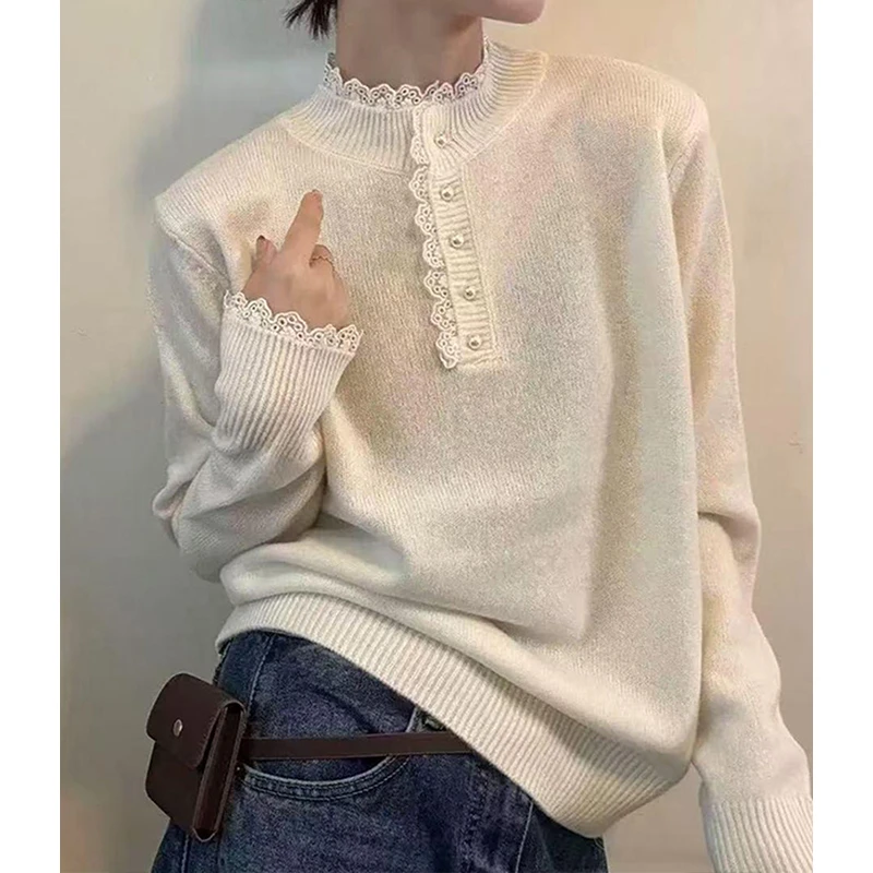 大码胖mm韩系蕾丝花边半高领针织衫女2025秋冬季显瘦百搭打底上衣