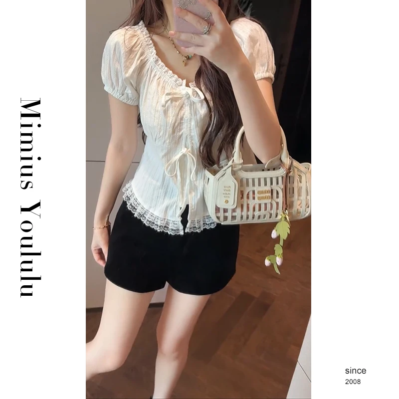 【mimius】Q 纯欲甜美蕾丝边绑带设计感短袖上衣 G05046