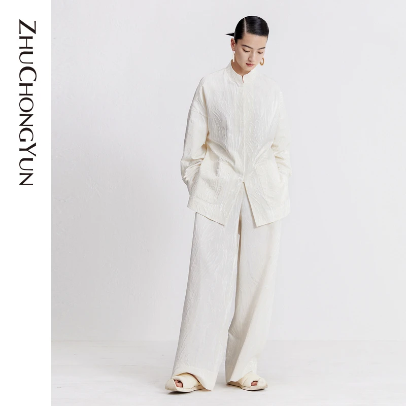 ZHUCHONGYUN2023秋新款新中式提花素白棉质外套C1DE33148