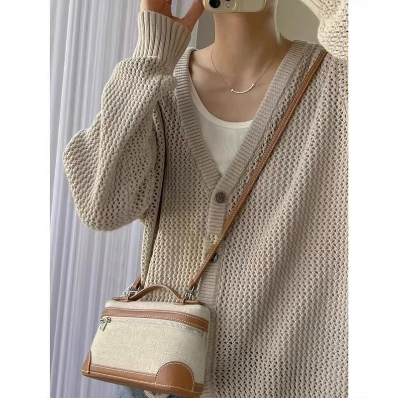 复古慵懒风镂空毛衣开衫外套女春季2025新款宽松v领外搭针织上衣