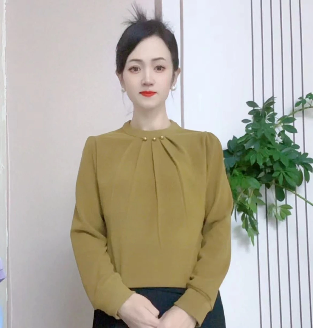 秋冬新款三颗珠子长袖圆领打底衫显瘦百搭洋气时尚设计感女款衬衫