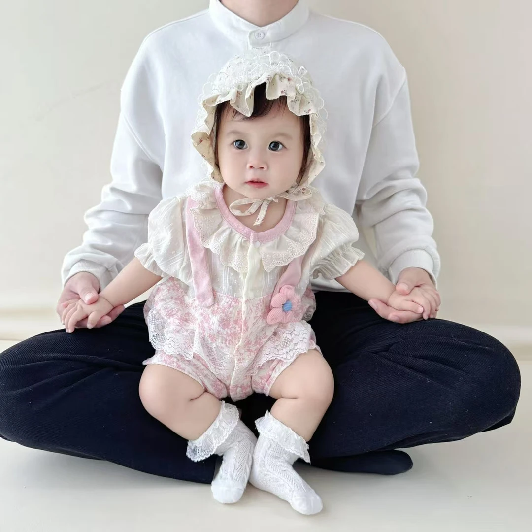 夏季新婴儿碎花连体衣女婴夏装宝宝假两件套装洋气百天公主哈衣