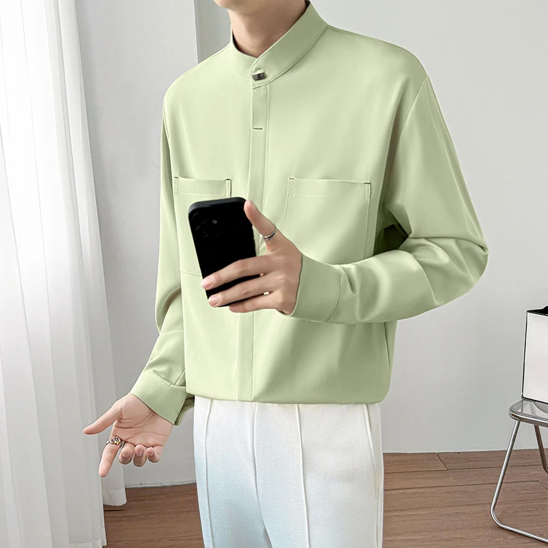 青年立领高级感保暖纯色长袖衬衫男士秋季加厚休闲商务衬衣男装