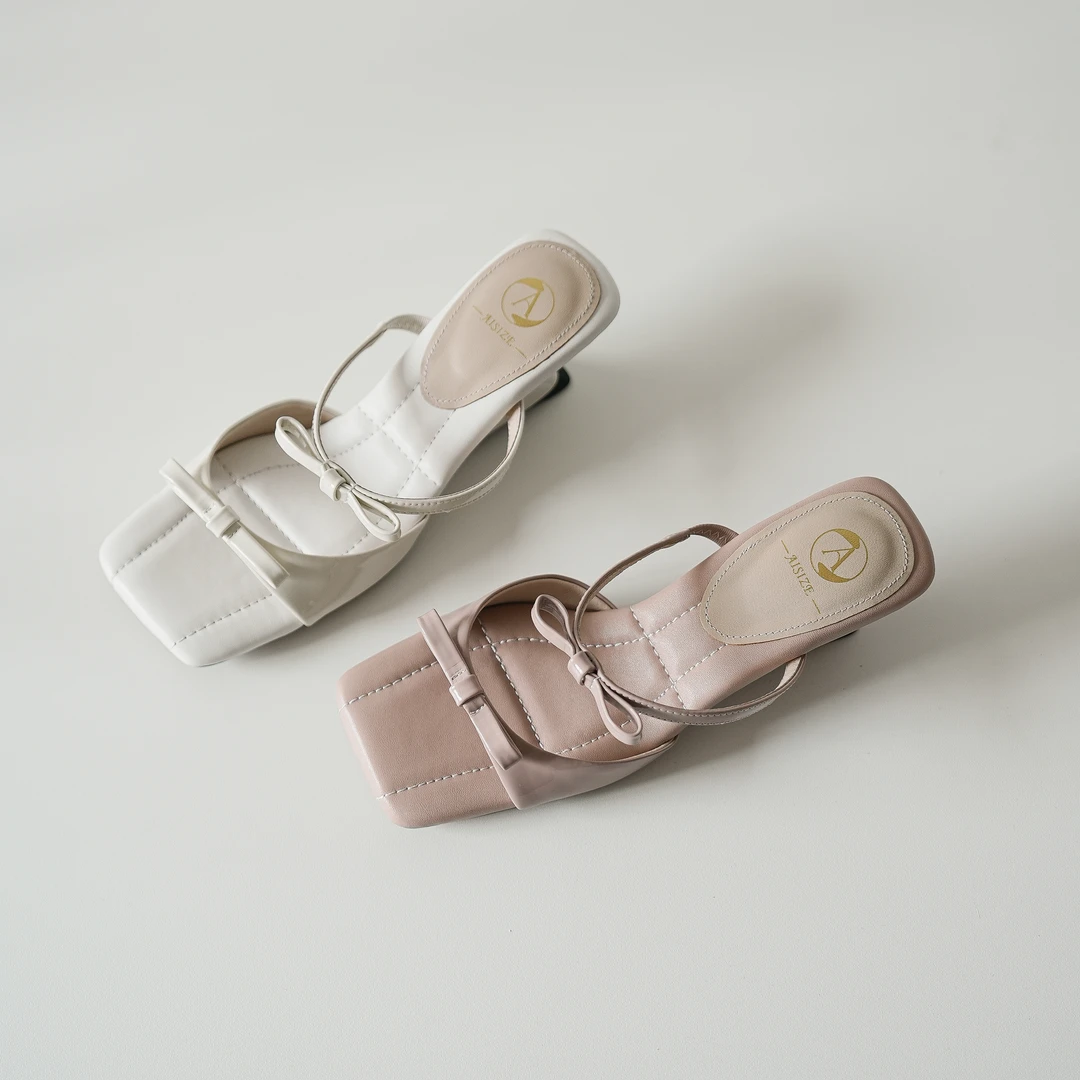 跟高5.5cm/34-39/2025年夏季甜美风真皮蝴蝶结一字拖鞋女